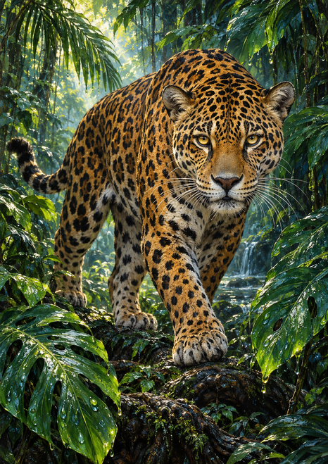 Large amber-gold jaguar with black rosettes stepping over wet dark rocks amid dense emerald tropical foliage.