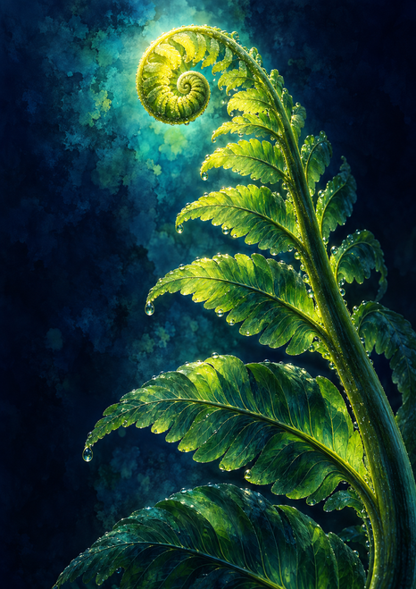 A luminous green fern frond with a curled fiddlehead and bright droplets against a glowing midnight-blue and teal background.
