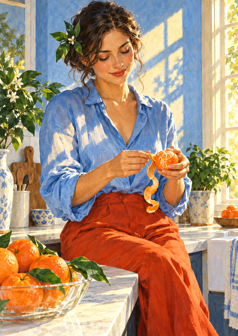 Seated woman peeling a mandarin beside a bowl of whole mandarins, with bright window light falling across the kitchen.