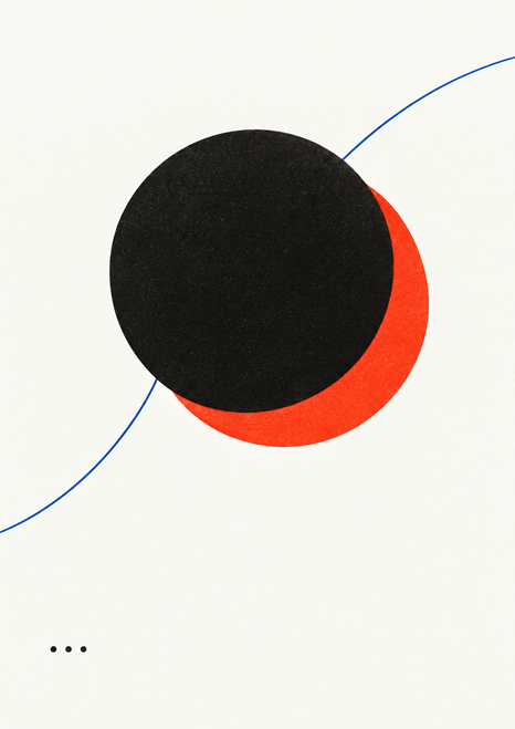 Black disk overlapping a vermilion circle with a thin cobalt arc and three small dots on an ivory background.