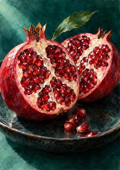 Two cut pomegranate halves filled with ruby arils on a dark dish, with loose seeds and a leaf against teal.