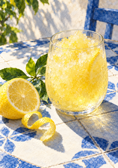 Clear glass of pale yellow lemon ice on a blue-and-white tiled table beside a cut lemon, curled zest, and leafy sprig.