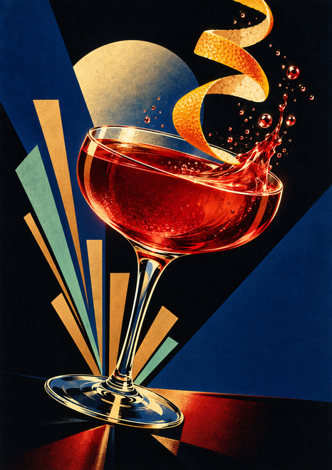Tilted ruby-red coupe glass with an orange citrus-peel ribbon, liquid splash, droplets, and angular blue-black rays.