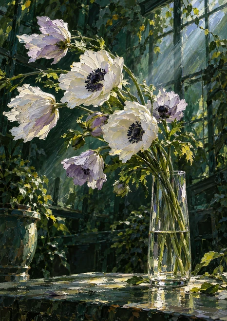 Pale anemone-like flowers with dark centers bend above a narrow water-filled glass vase in a shadowy greenhouse.