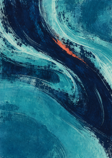 Intersecting indigo and turquoise abstract currents with a coral streak on a textured portrait composition.