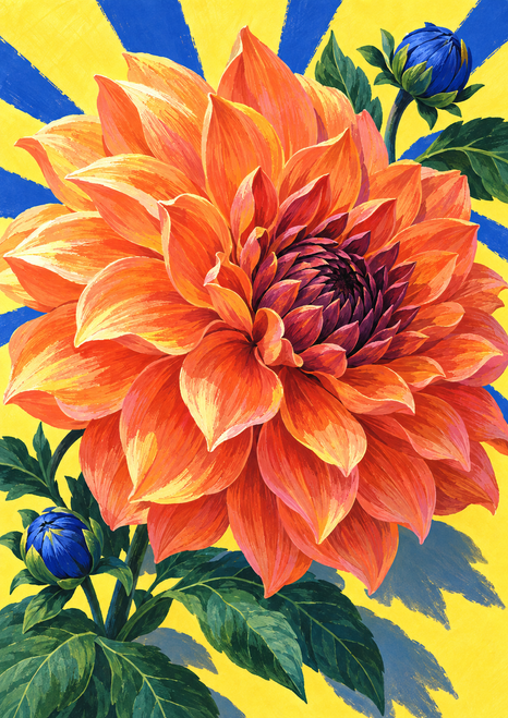 Large coral-orange dahlia with a dark plum center, two cobalt buds, green leaves, and blue rays on a yellow background.