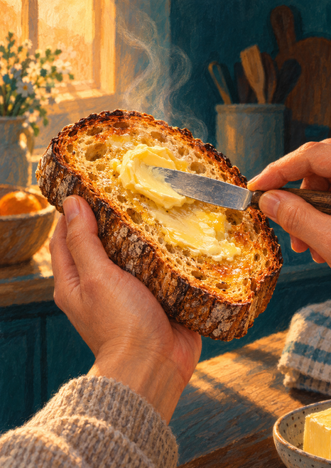 Hands hold a thick slice of toast while a knife spreads melting butter; steam rises in warm kitchen light.