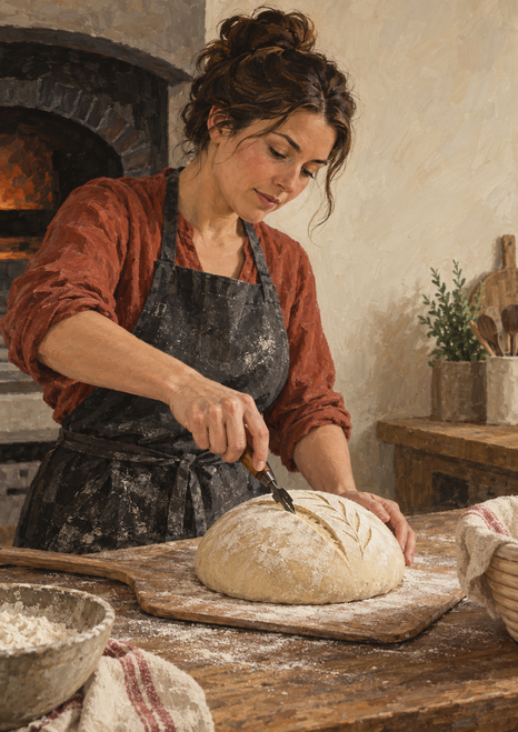Adult woman baker in an apron scoring a flour-dusted loaf on a wooden board beside a dark oven.
