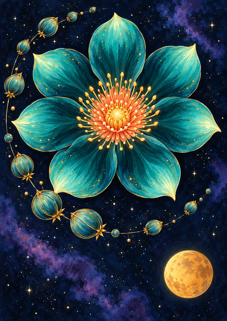 Large turquoise flower with a coral-and-gold centre surrounded by orbiting blue-green pods against a starry midnight-blue sky; an amber disc sits at lower right.
