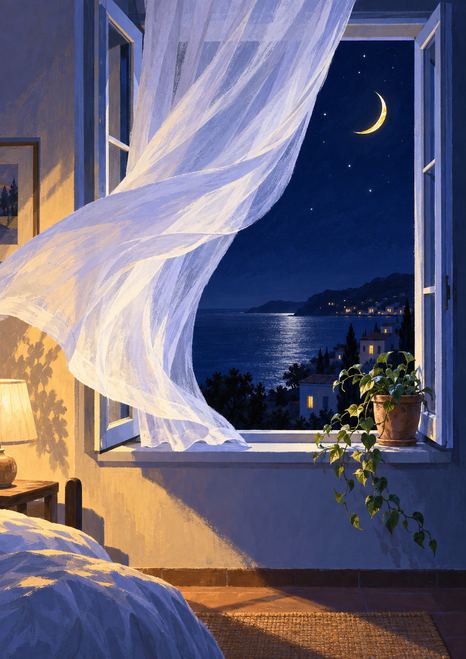 Sheer curtain billowing through an open window beneath a crescent moon, with coastal lights, a potted plant, lamp and bed.