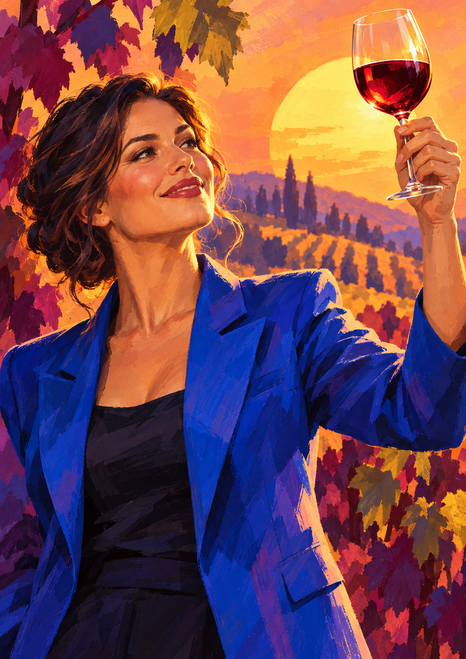 An adult woman in a cobalt jacket raises a glass of red wine against a large amber sun and stylized vineyard rows.
