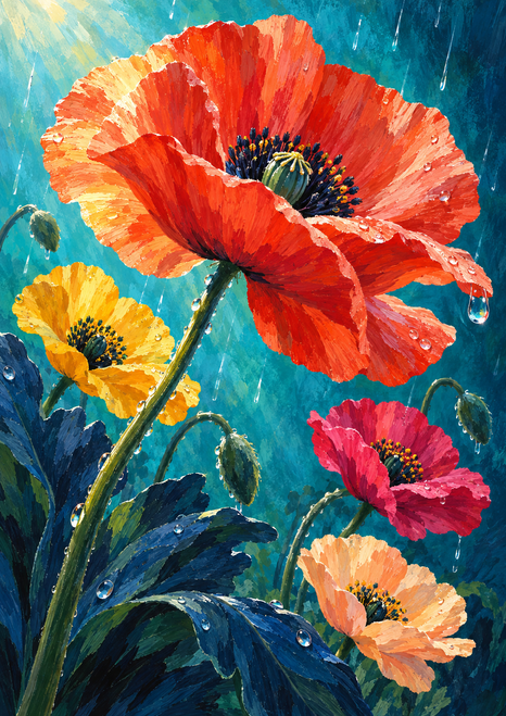 A large coral-red poppy above gold, fuchsia, and pale apricot flowers, with indigo leaves and water droplets against turquoise blue.
