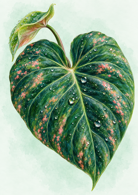 Large dark green heart-shaped leaf with branching veins and dew droplets, with a smaller leaf behind it on a pale mint background.
