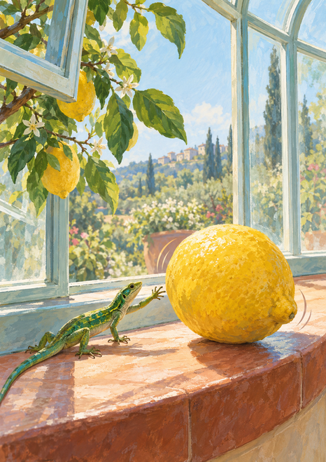 Green lizard reaching toward a large yellow lemon on a curved sill, with a lemon branch outside the window.