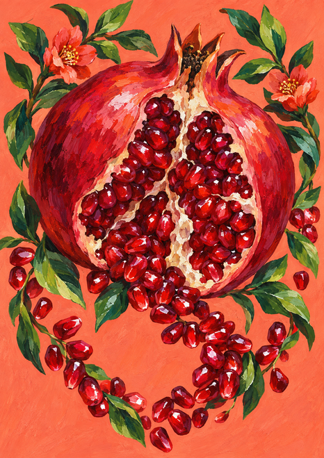 Oversized open pomegranate with cascading ruby seeds, green leaves, and coral blossoms on a coral background.