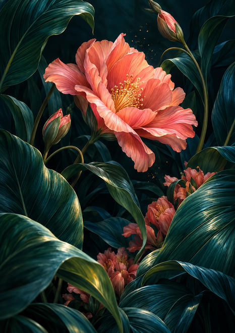 Large coral-pink flower with a golden center among glossy dark green leaves, buds, and smaller flowers.