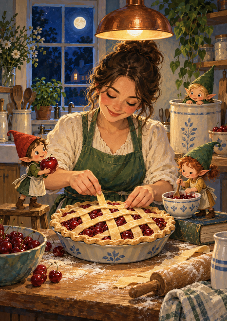 An adult baker working on a cherry lattice pie as three tiny pointed-hat figures help at a warmly lit kitchen counter beneath a moonlit window.