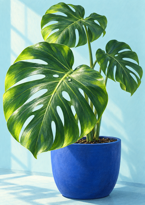 Three large green split leaves growing from a vivid cobalt-blue pot against a pale aqua background.