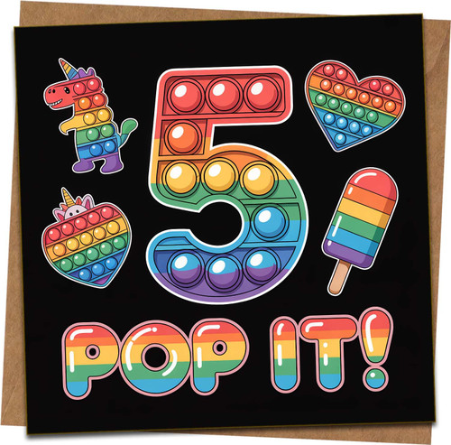 5th Birthday Card Pop It Rainbow Fidget Design – Unicorn, Heart & Popsicle – Kids Boys Girls – 145mm x 145mm Square – Fun Bubble Pop Theme – Black – Includes Kraft Envelope