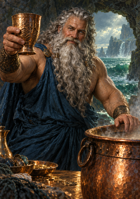 Gray-haired, bearded figure in blue drapery raises a decorated cup beside copper vessels and a rocky sea opening.