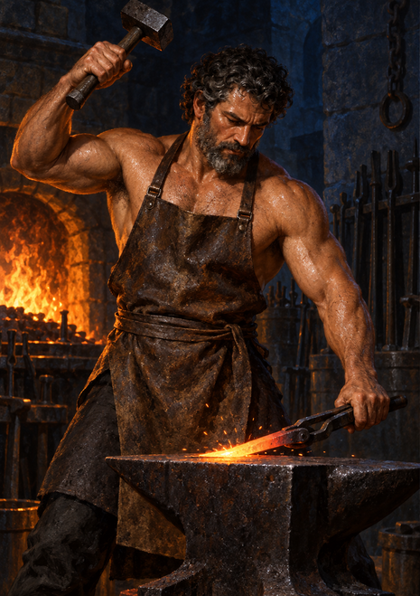 A bearded blacksmith raises a hammer while holding hot metal with tongs over an anvil in a glowing forge.
