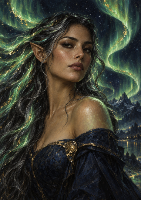 Close portrait of a dark-haired woman with a pointed ear beneath a luminous green aurora over distant mountains and water.