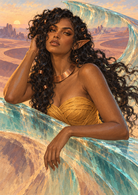 Pointed-ear woman in a golden wrap and bronze collar amid translucent turquoise sweeps in a desert landscape.