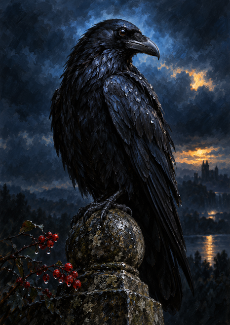 Black raven perched on a rounded stone finial above reflective water, with red berries at left and distant lights beneath a dark blue-black sky.