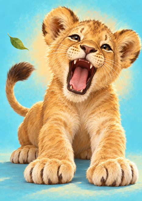 Golden lion cub facing forward with oversized paws and open mouth against turquoise, with a curled tail, floating leaf, and pale apricot glow.