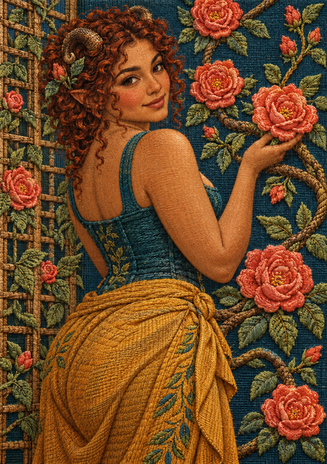 Small-horned woman in teal and ochre holding a rose in a richly textured embroidered garden of flowers and vines.
