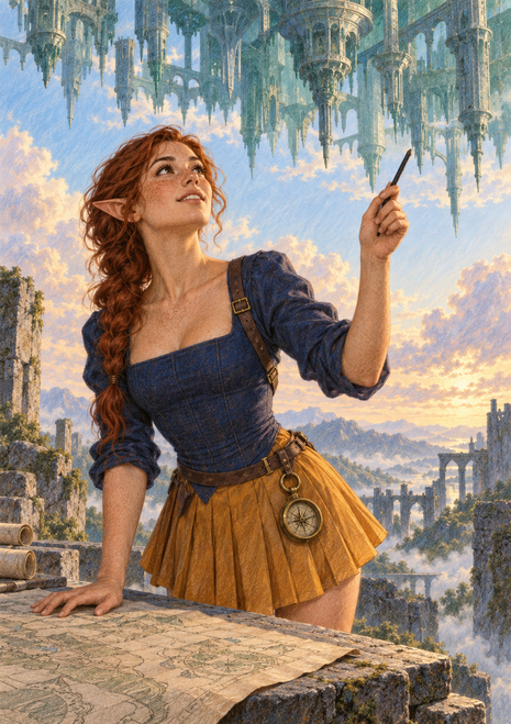 Red-haired, pointed-eared cartographer studies a map beneath a city suspended upside down, with distant ruins in sunset light.