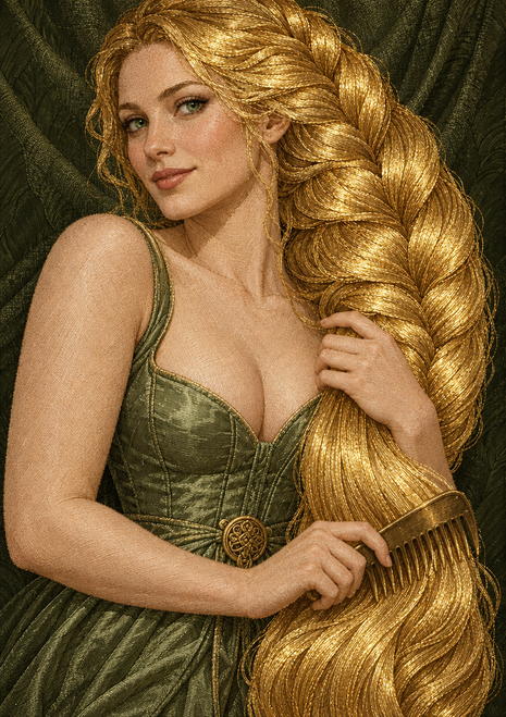 Fair-haired woman with a long golden braid holding it near a comb, wearing an olive-green dress against a dark radial background.