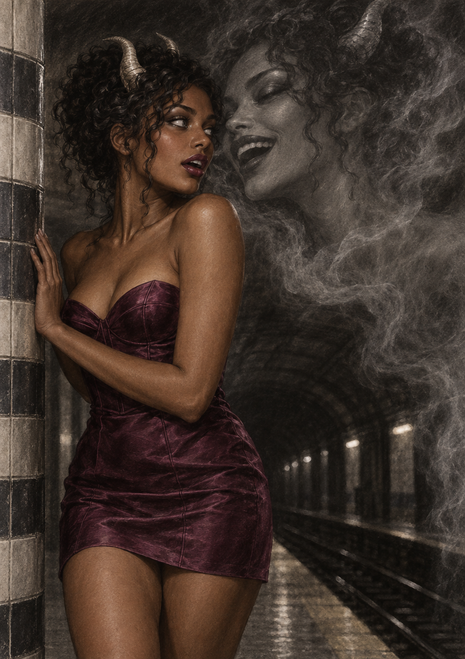 Horned woman in a plum dress leaning against a tiled column in a dark passage, with a large laughing face formed from smoke behind her.