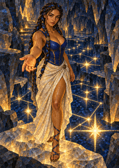 Braided woman in a blue-and-gold bodice and white draped skirt reaching toward the viewer in a star-lit blue underground passage.