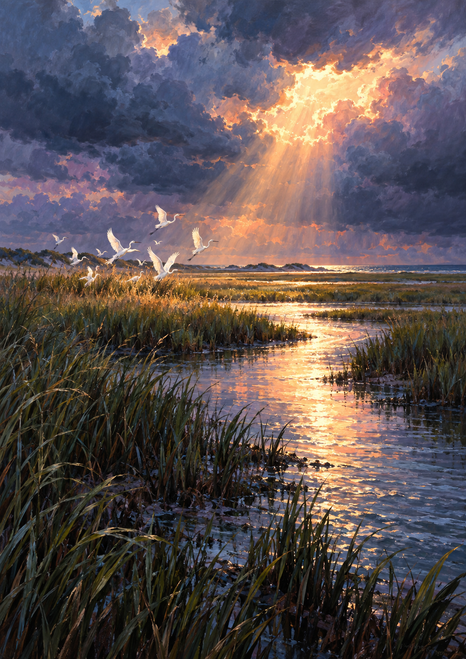 White birds rising above a marsh and winding reflective tidal channel, with golden sunlight breaking through blue-violet storm clouds.