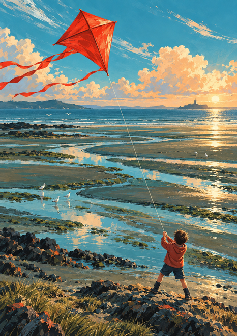 A child seen from behind flies a large red-orange kite with ribbon tails above turquoise tidal flats and winding water channels.
