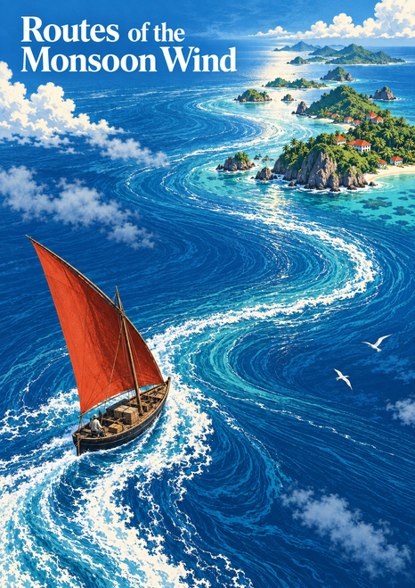 Wooden boat with a rust-red triangular sail crossing blue water toward green islands, following a curling white current beneath clouds and two seabirds; title lettering at upper left.