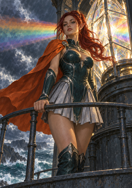 Red-haired, pointed-eared elf in green and silver armor with an orange cape beside a faceted beacon above a stormy sea.