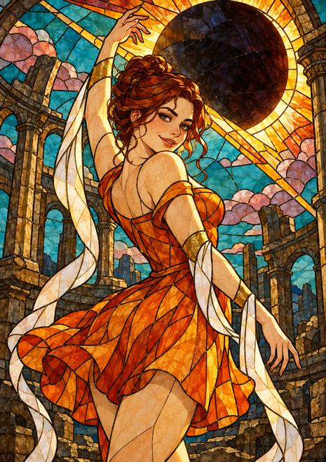 Red-haired woman in an orange dress beneath a dark circular eclipse-like disk and bright amber corona, surrounded by colorful glass-like panes and stone arches.