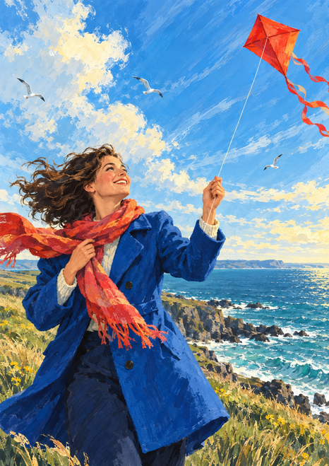 A smiling woman in a blue coat holds a kite string on a coastal headland as a red kite flies overhead, with gulls and ocean beyond.