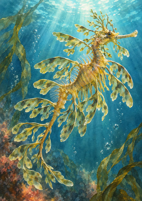 Leafy seadragon with leaf-like appendages swimming upward through turquoise water among kelp and bubbles.