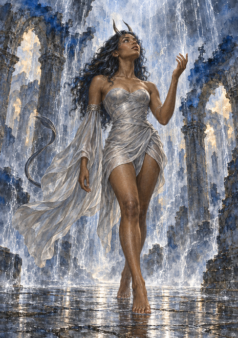 Barefoot horned woman in a flowing pale dress walking through a ruined stone setting beneath vertical waterfalls.