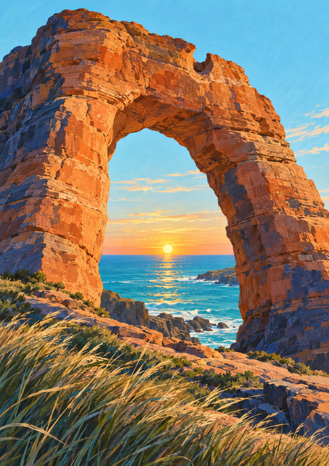 Large terracotta sandstone arch on a coastal bluff framing the sun above turquoise sea, with rocky ledges and foreground grasses.