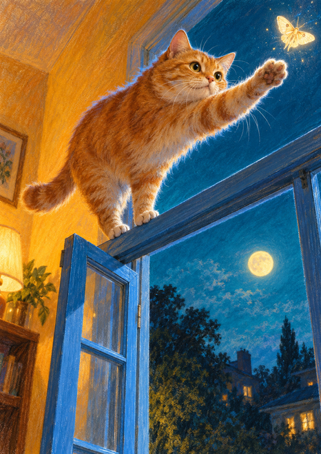 Textured illustration of a ginger cat reaching toward a glowing moth through an open blue window, with a round moon in the turquoise night sky.