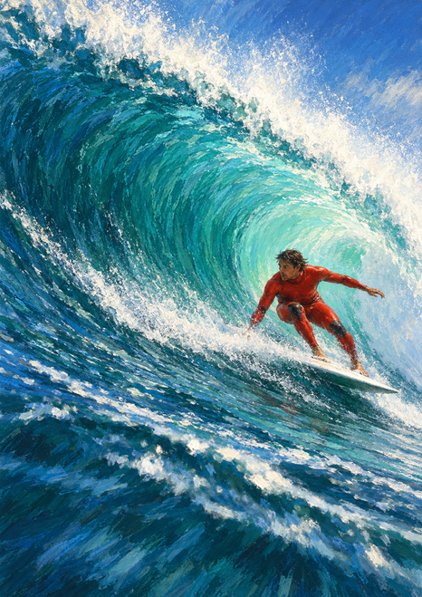 Surfer in a red-orange suit rides a diagonal board through a curling turquoise wave with sweeping white foam.