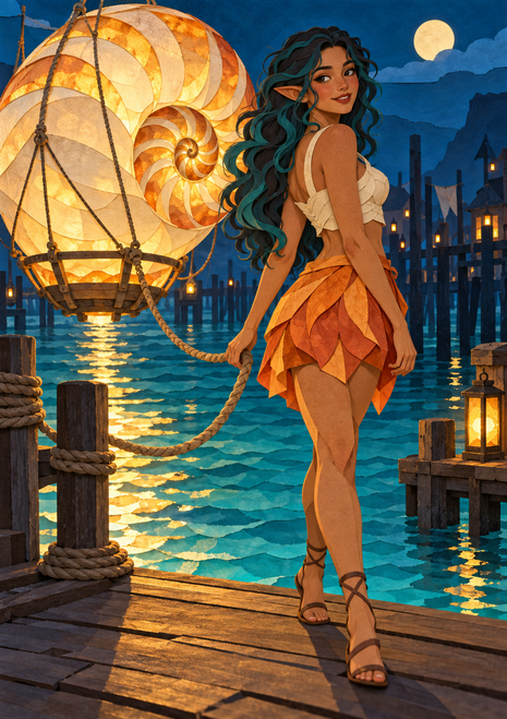 Pointed-eared woman in a cream top and layered orange skirt looking back beside a glowing nautilus-shell lantern over a moonlit harbor.
