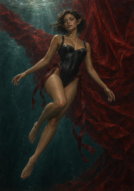 Pointed-eared woman in a black bodysuit floating underwater amid sweeping red curtain-like fabric and dim teal light.