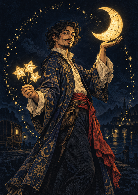 Mustached performer in an ornate indigo coat balancing a glowing crescent lantern and holding three star-shaped lights, with gold sparks above a dark waterfront town.