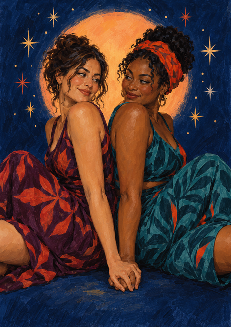 Two smiling women sit back-to-back with their hands meeting, framed by an apricot glow and starbursts on a deep blue background.