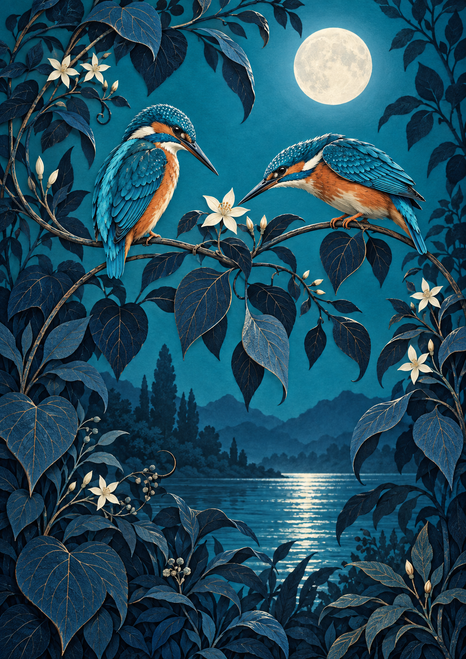 Two turquoise, copper and cream kingfishers face across a pale blossom on a branch, beneath a full moon above distant water and dark foliage.